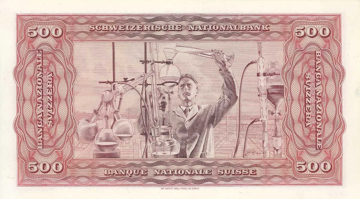 Chemie als Wissenschaft der Zukunft, entworfen vom Luzerner Künstler Hans Erni: Die 500-Franken-Reservenote aus der vierten Banknotenserie von 1938 (Rückseite des Probeabzugs).