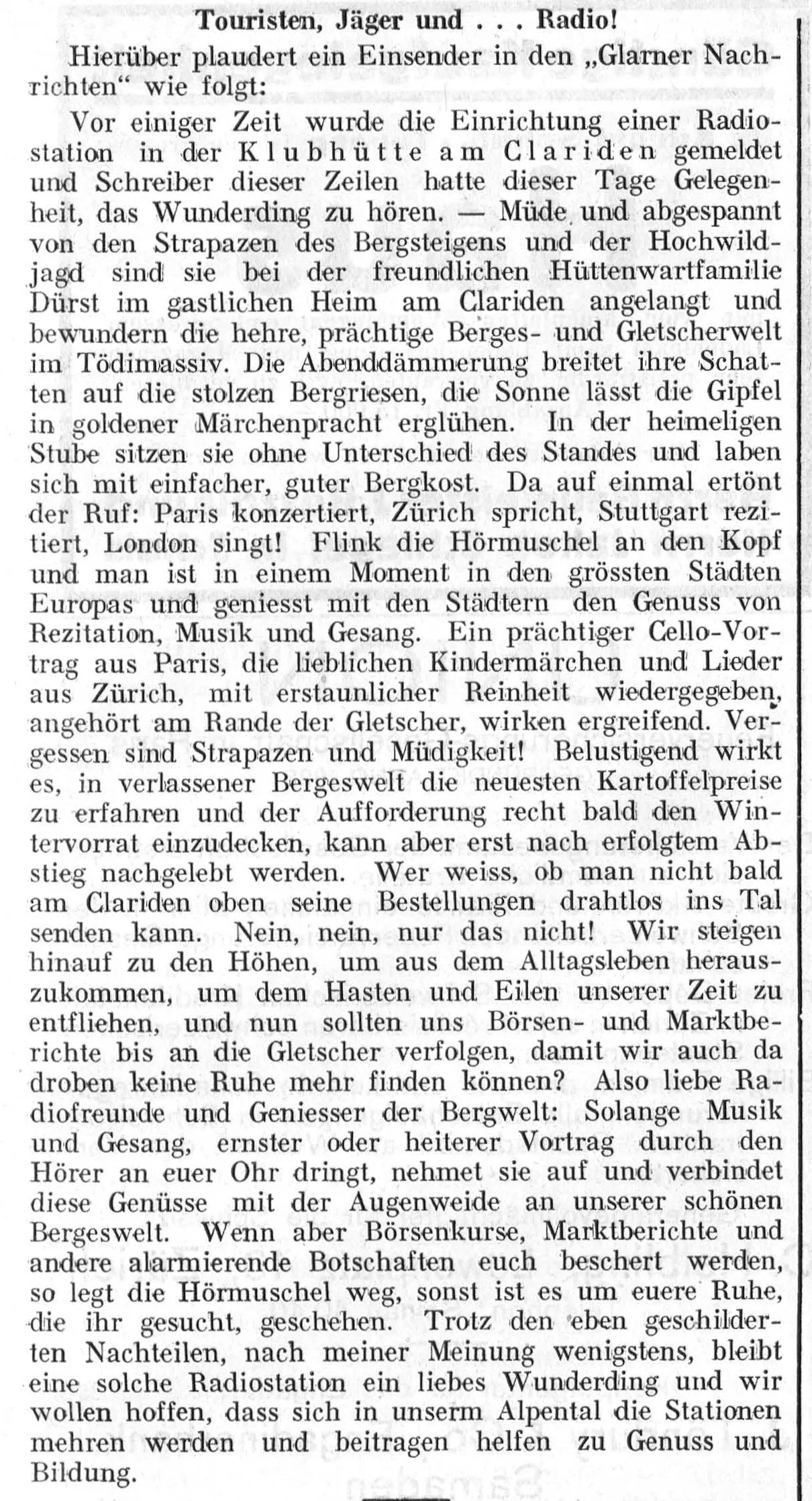 Zeitungsartikel zum Radioempfang in der SAC-Hütte Clariden.