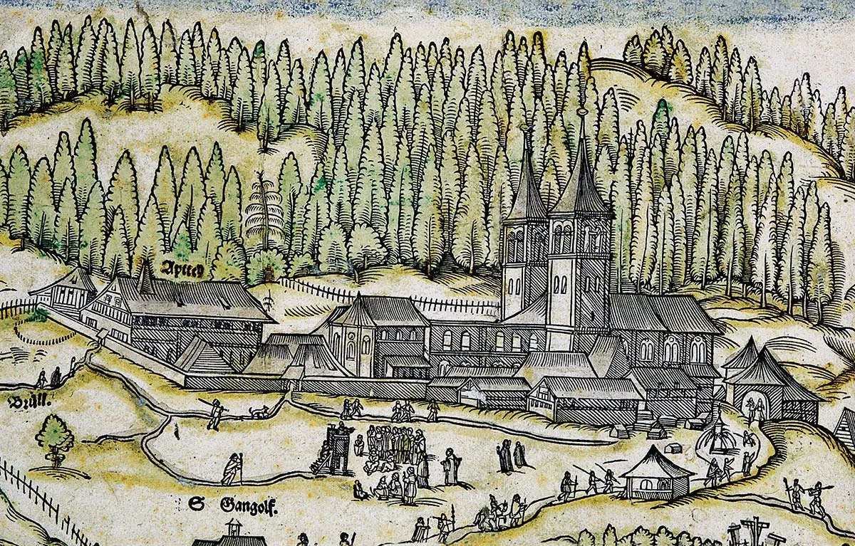 Die älteste Ansicht des Klosters Einsiedeln. Holzschnitt, entstanden im 16. Jahrhundert.