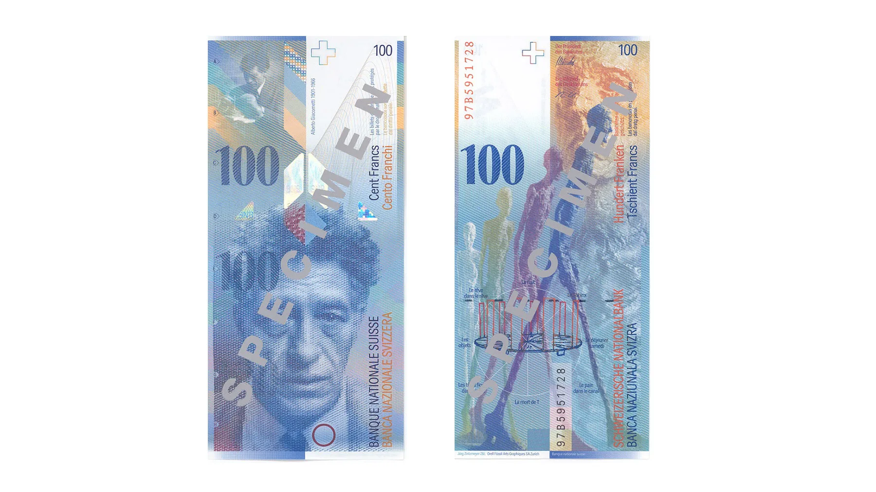 From original competition submission (left) to final design (right): the 100-franc note was devoted to Alberto Giacometti and his oeuvre.