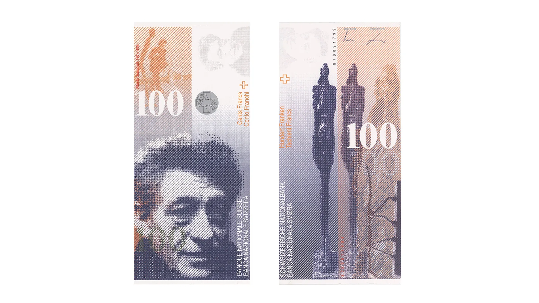 From original competition submission (left) to final design (right): the 100-franc note was devoted to Alberto Giacometti and his oeuvre.