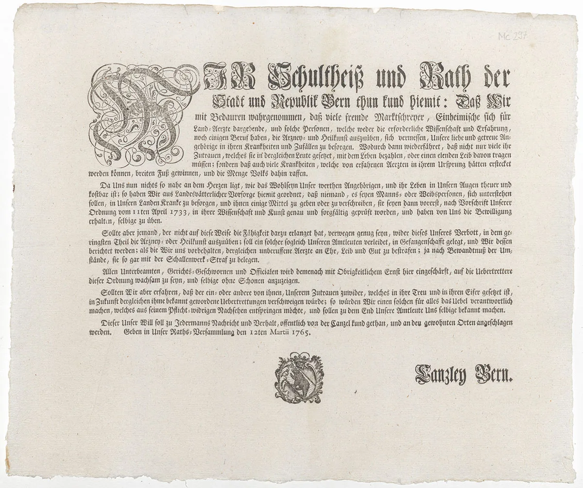 Das Bernische Reglement gegen Scharlatane und nicht anerkannte Ärzte von 1765.