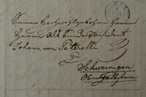 Lettre adressée à Johann Anton von Peterelli, à Schweiningen, vers 1850.