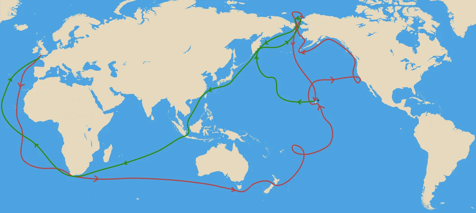 Karte der dritten Reise von James Cook.