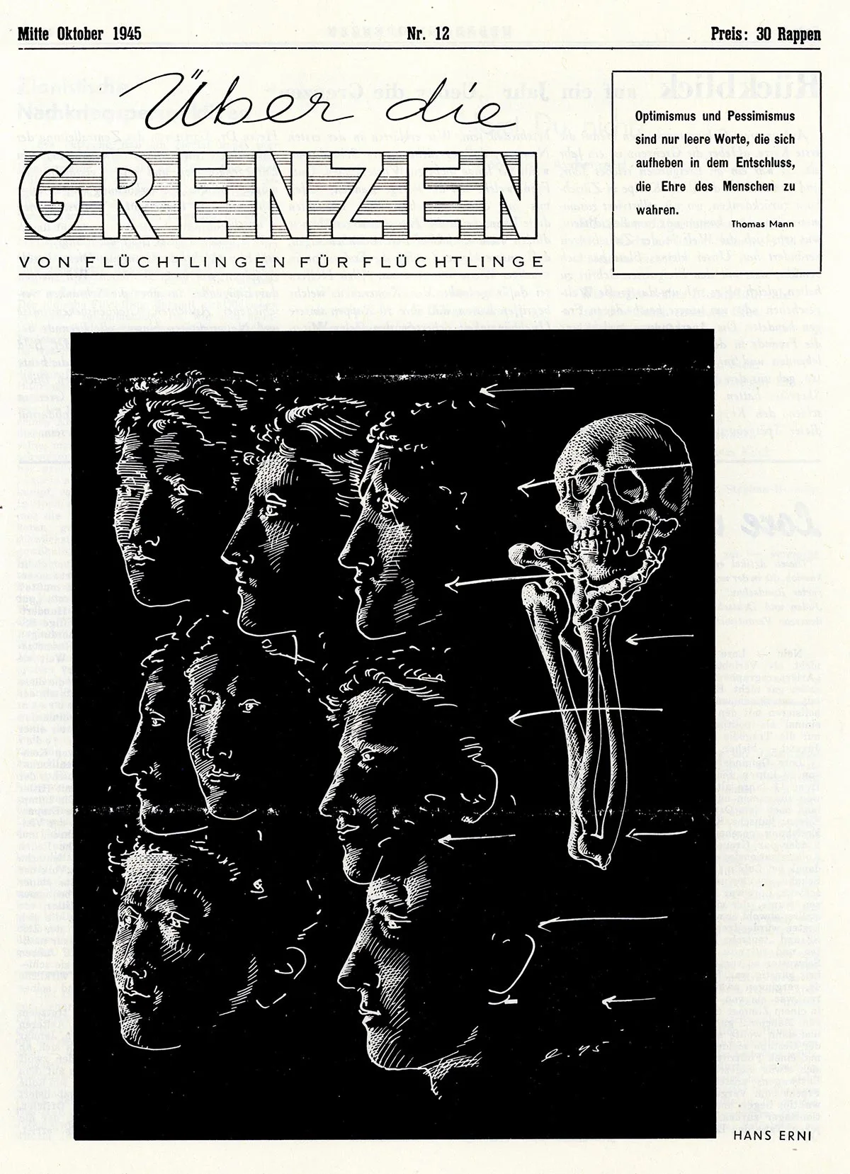 Titelbild der Zeitung «Über die Grenzen» von Hans Erni, Oktober 1945.