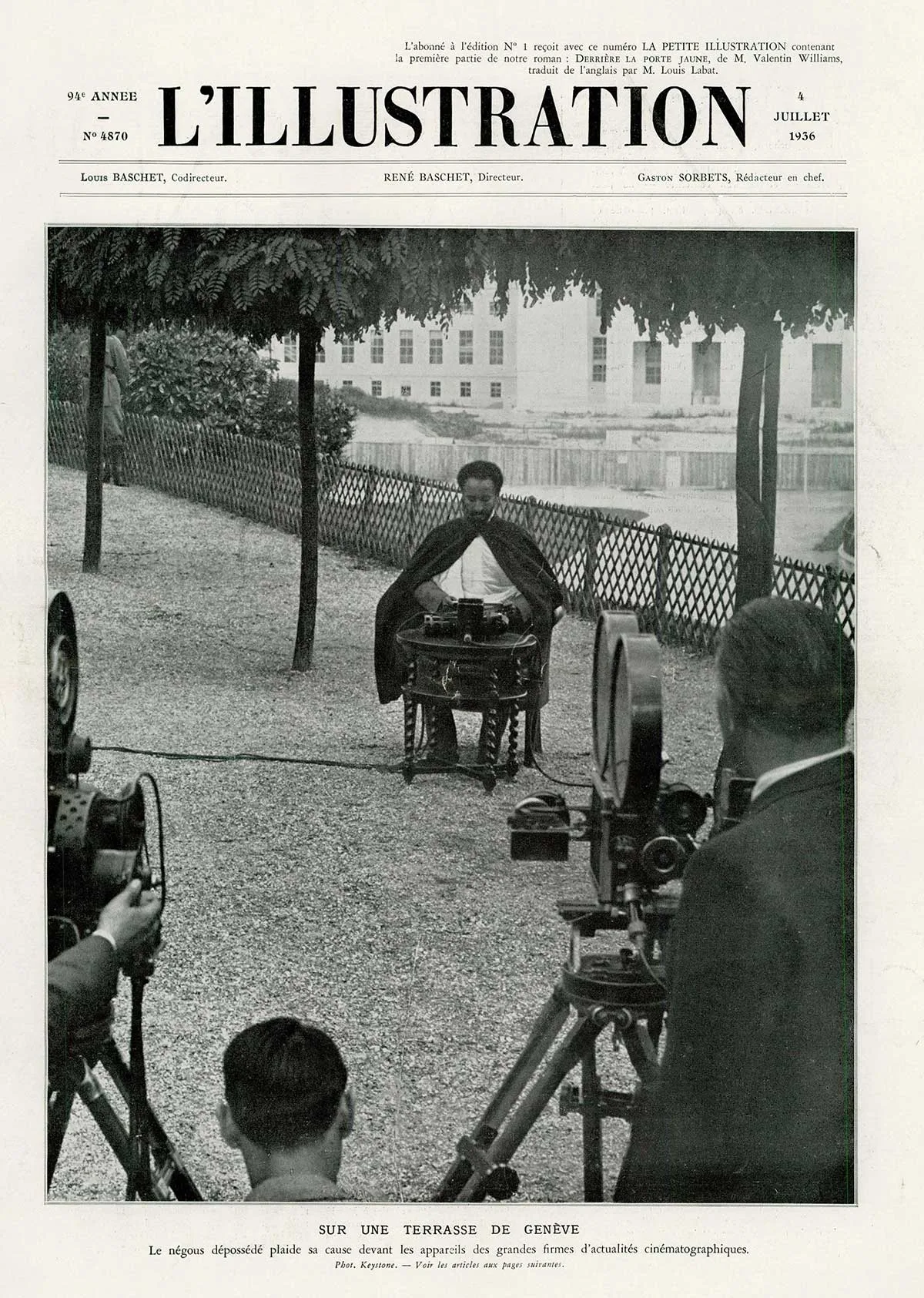 Haile Selassie’s appearance garnered media interest. The photo shows the deposed Ethiopian emperor in front of journalists in Geneva, with the newly built Palais des Nations in the background. Cover of L’Illustration of 4 July 1936.