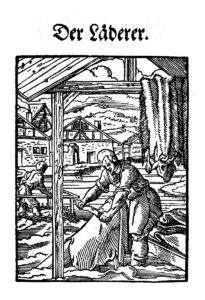 Le tanneur en train d’écharner une peau de bête. Extrait du «livre des métiers» (Ständebuch) de Jost Ammann, Francfort-sur-le-Main, 1568.