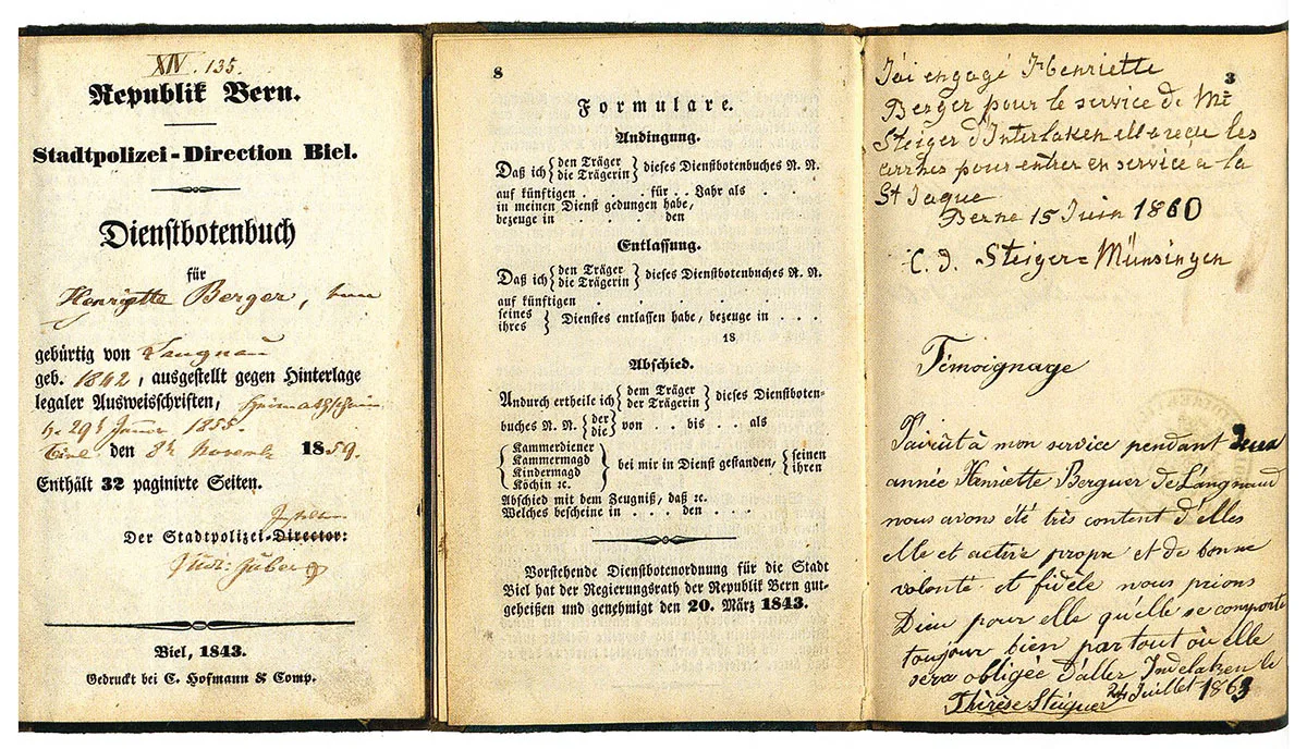 Das Dienstbotenbuch von Henriette Berger. Dieses von den Behörden ausgestellte Dokument war für Hausangestellte obligatorisch.