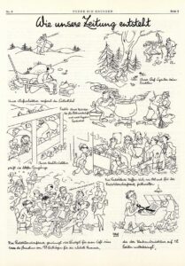 The process of making the newspaper, as drawn tongue-in-cheek by illustrator Werner Saul.