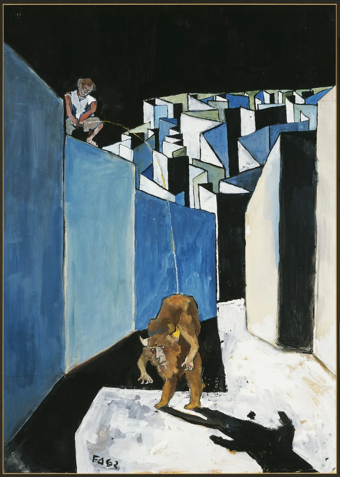 Friedrich Dürrenmatt, Labyrinth I: Der entwürdigte Minotaurus, 1962, Gouache auf Karton, 72 x 51 cm.