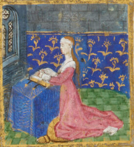 Eine Miniatur in Jeannes berühmten Stundenbuch, welche sie – vermutlich – beim Beten zeigt.