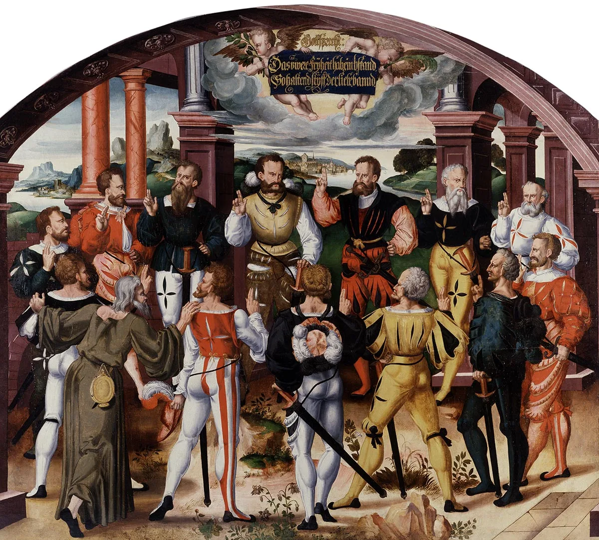 Unter der Anleitung von Niklaus von Flüe (vorne links) beschwören die 13 Orte den gemeinsamen Bund beim «Gott aller Heiligen». In der gemeinsamen Verehrung von Niklaus von Flüe als Friedensvermittler und Landespatron fand die Alte Eidgenossenschaft eine neue sakrale Klammer. Gemälde von Humbert Maraschet im Berner Rathaus (Grossratssaal) von 1586.
