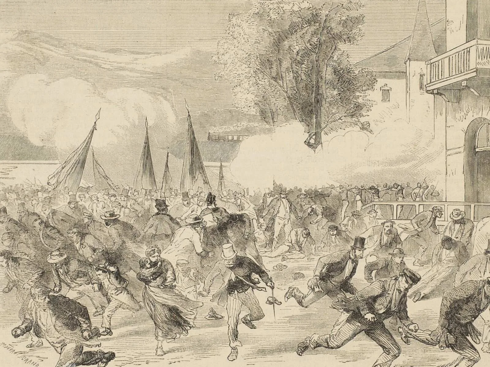 Nach den Staatsratswahlen von 1864 kam es in Genf zu gewalttätigen Auseinandersetzungen. Illustration aus Le Monde illustré vom 3. September 1864.