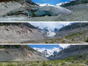 Die Gletscher in der Schweiz schmelzen so schnell, dass Aufnahmen mit relativ geringem zeitlichen Abstand ihren Rückzug sichtbar machen. Der Morteratschgletscher hier im Bild verschwand bis Anfang der 2020er Jahre beinahe vollständig. Morteratschgletscher aufgenommen von Jürg Alean am 10. 7. 1985, am 8. 7. 2007 und am 9. 7. 2021.