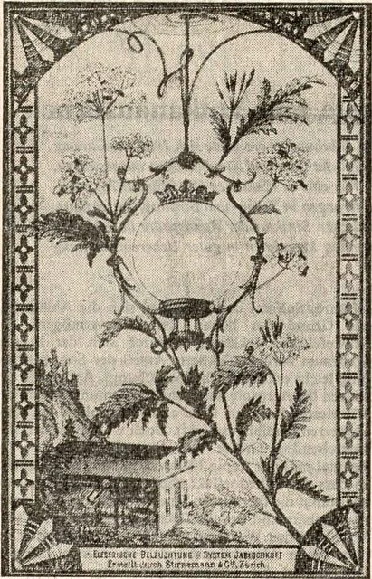 Ein Prospekt des Hotels Kulm St. Moritz von 1882 wirbt mit der Darstellung einer Bogenlampe und des ersten Wasserkraftwerks der Schweiz.