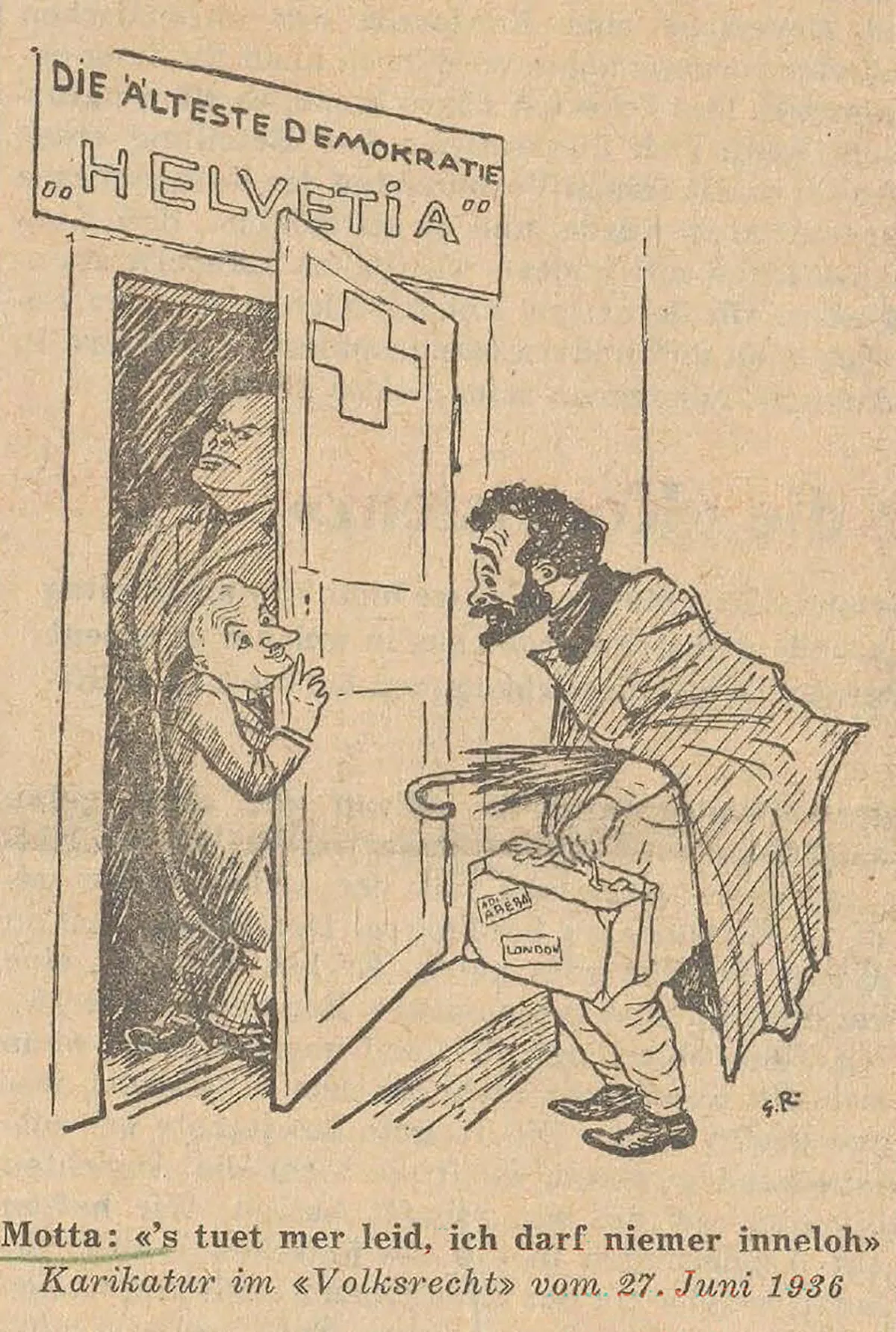 Pro-Italian federal councillor Giuseppe Motta who had Mussolini in his corner, left the deposed Ethiopian emperor out in the cold. Caricature by Gregor Rabinovitch in the Zurich daily newspaper Volksrecht.
