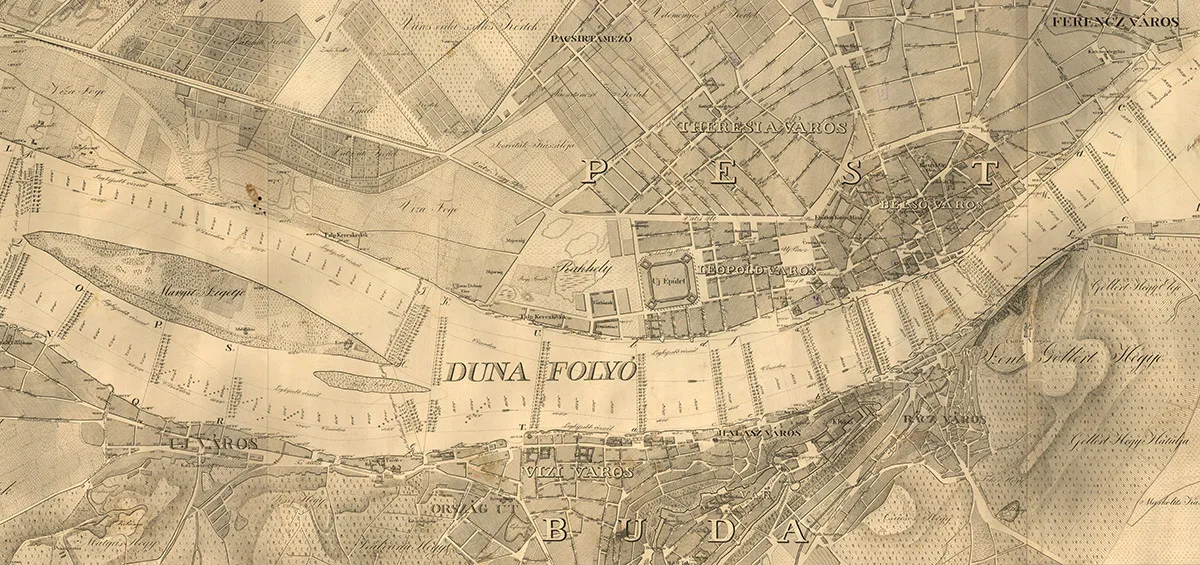 Karte aus dem Jahr 1833. Gut zu erkennen sind die Orte Buda (unten) und Pest, welche sich 1873 zu Budapest zusammenschliessen werden.