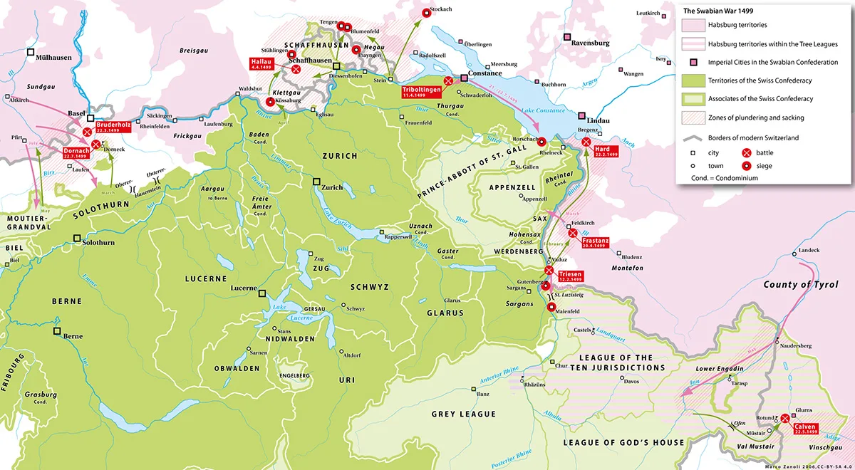 Area and sites of the Swabian War.