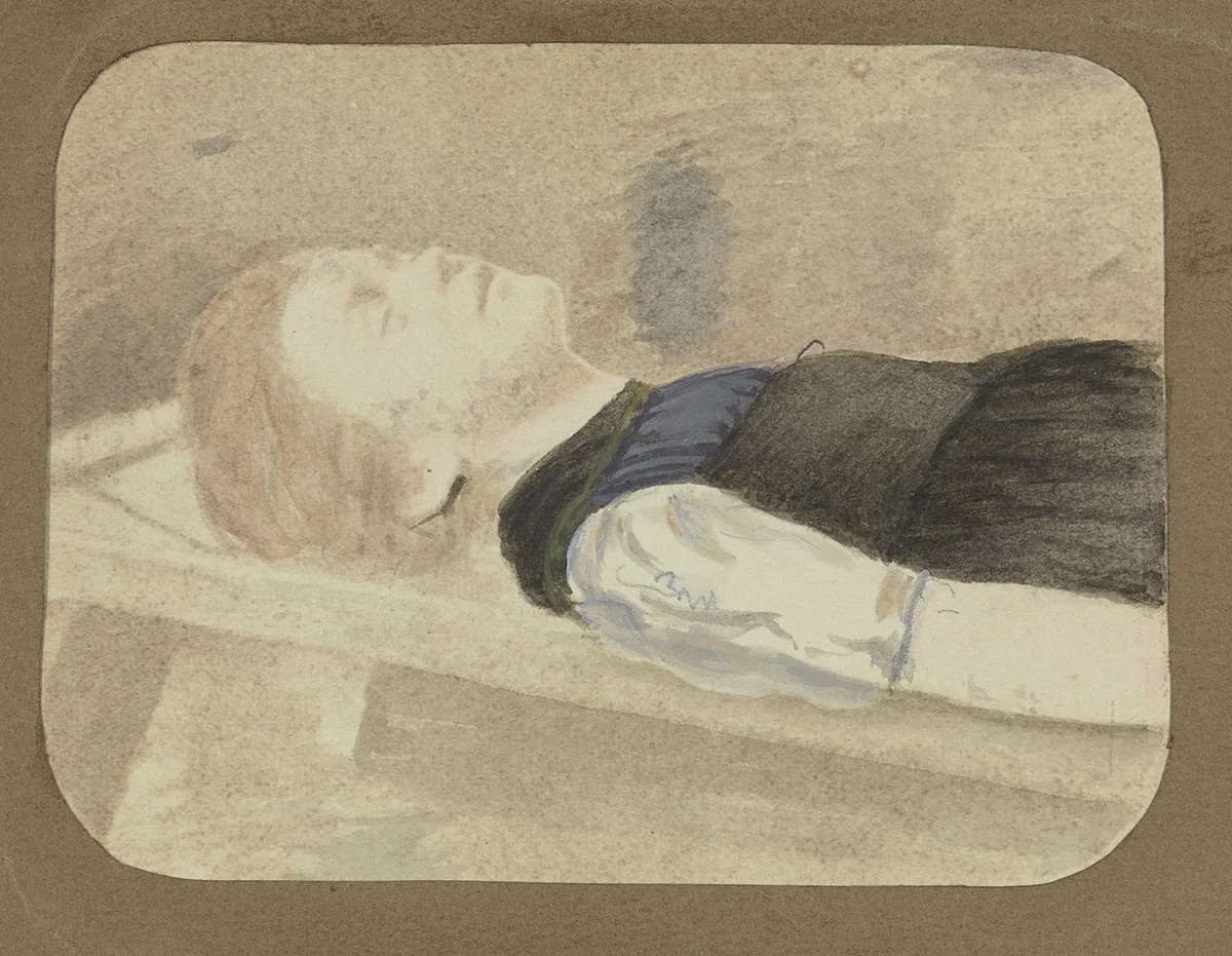 Polizeibild der Leiche von Verena Meier. Die Fotografie wurde retuschiert und gehört zu den frühen Polizeibildern der Schweiz.