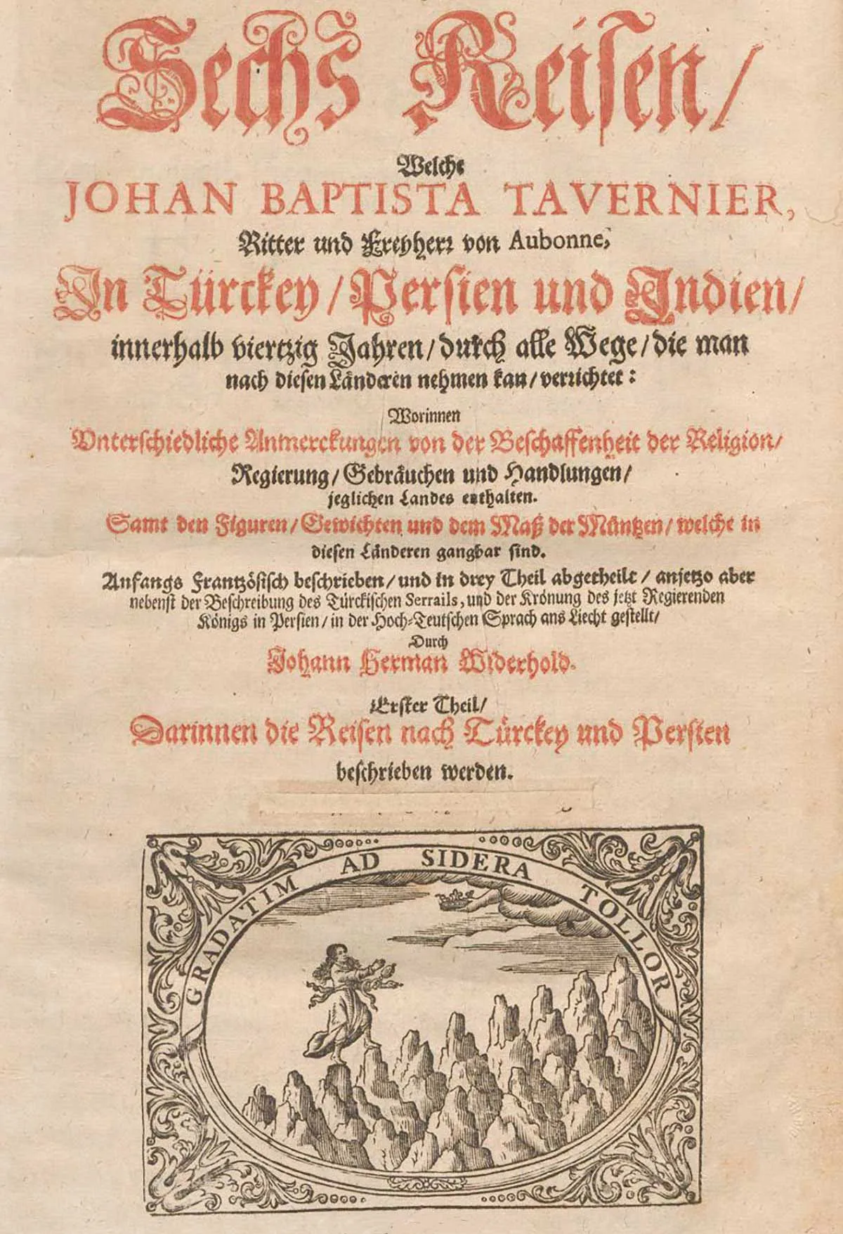 Titelblatt der 1681 von Johann Hermann Widerhold in Genf gedruckten, deutschen Ausgabe von «Les six voyages de Jean-Baptiste Tavernier».