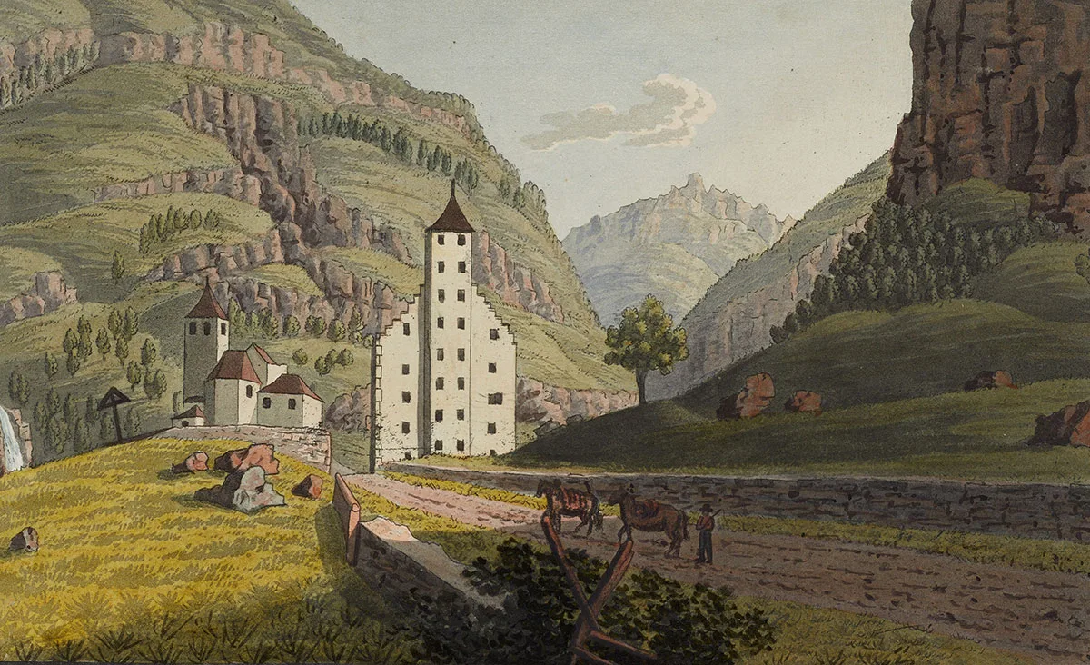 Zeichen der Macht: Der Stockalper-Turm in Gondo auf einer Druckgrafik von 1821.