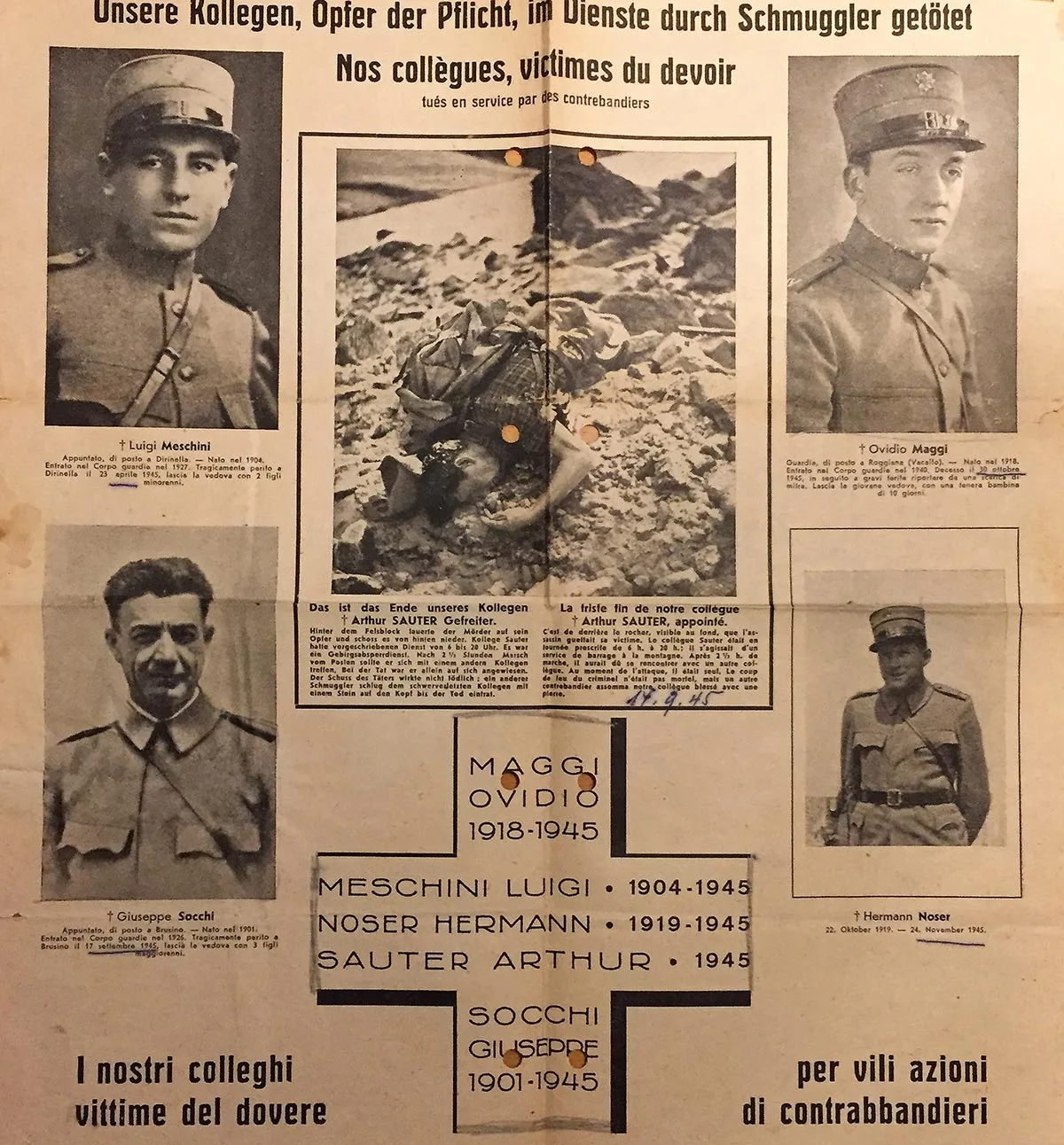 Plakat zum Gedenken an fünf Schweizer Grenzwächter, welche 1945 im Kampf gegen Schmuggler ihr Leben verloren hatten.