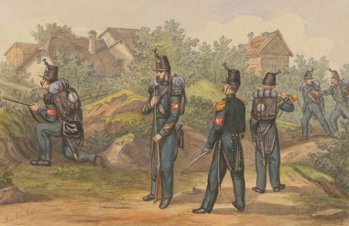 Zürcher Scharfschützen im Einsatz, Aquarell, 1852.