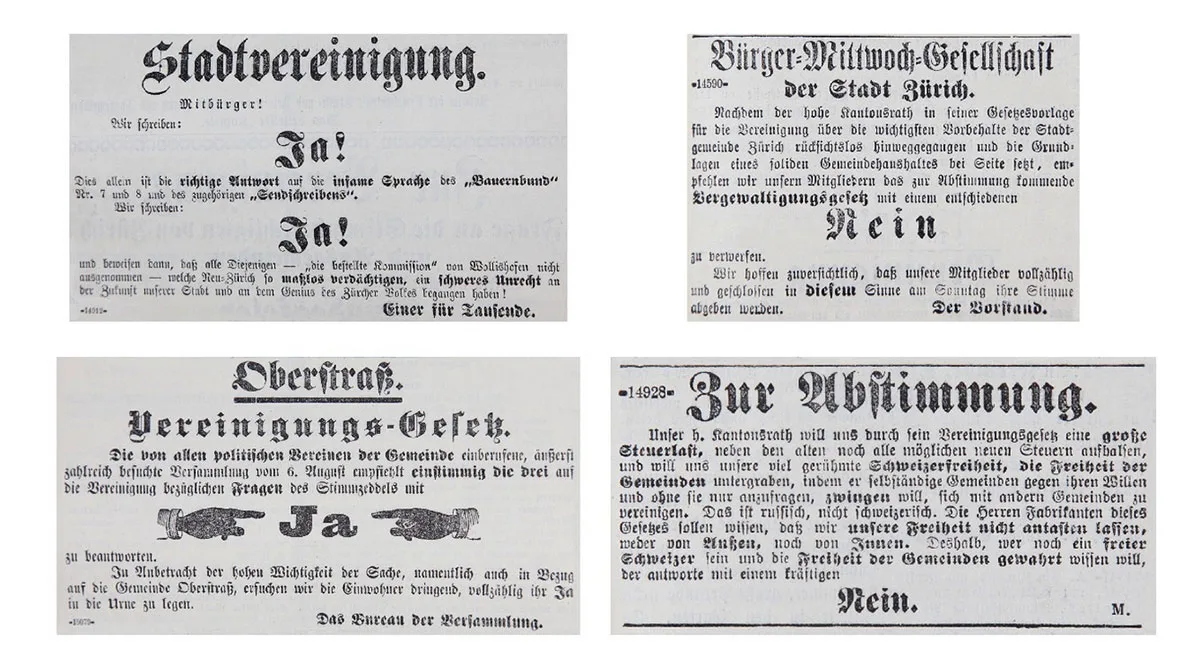 Abstimmungswerbung im Tagblatt der Stadt Zürich, 1891.