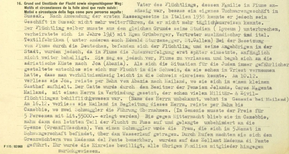 Einvernahmeprotokoll vom Februar 1944, das von der Aufnahme Edith Gruenbergers bei gleichzeitiger Abweisung der restlichen Familie berichtet.