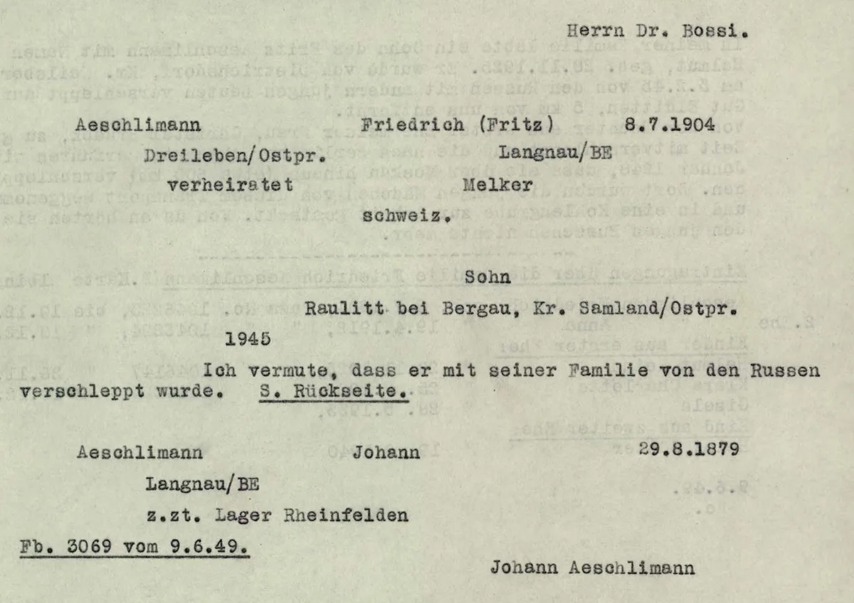 Vermisstenmeldung von Fritz Aeschlimann aus dem Jahr 1949. Er wurde mit anderen Personen im Februar 1945 von russischen Truppen verschleppt.