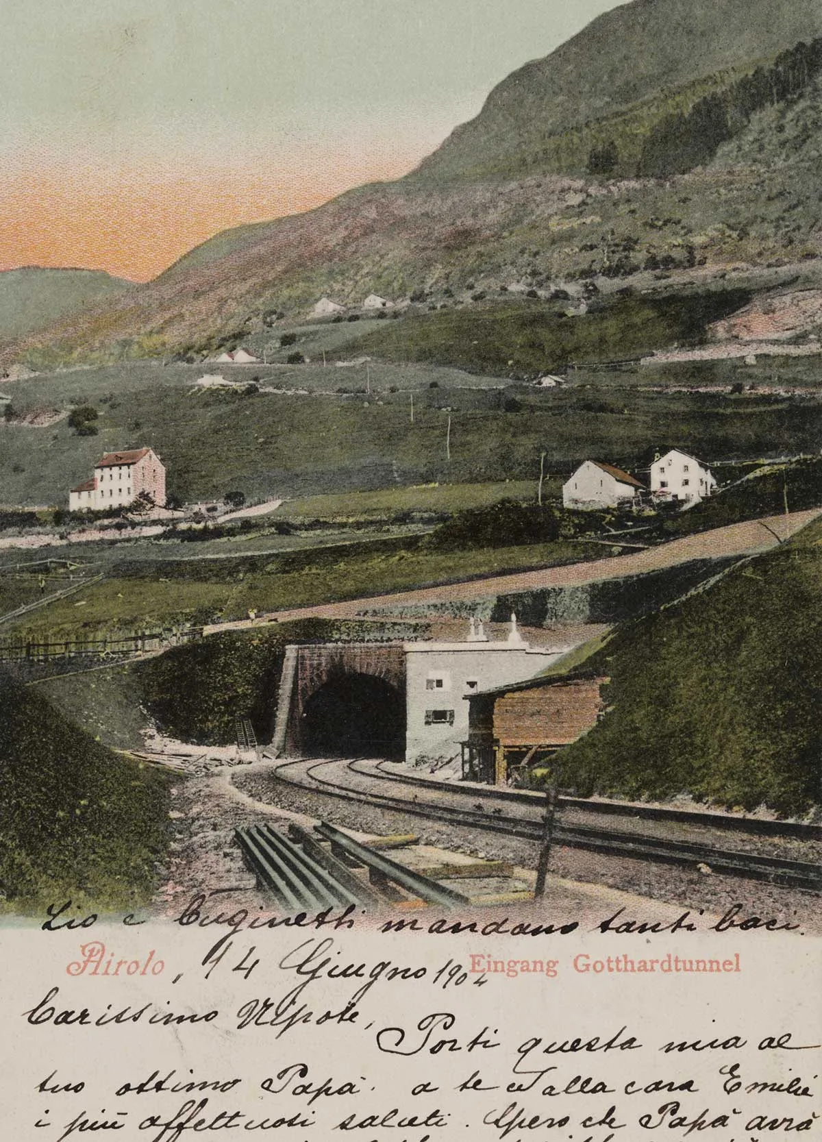 Der Eingang in den Gotthardtunnel bei Airolo auf einer kolorierten Postkarte von 1893.