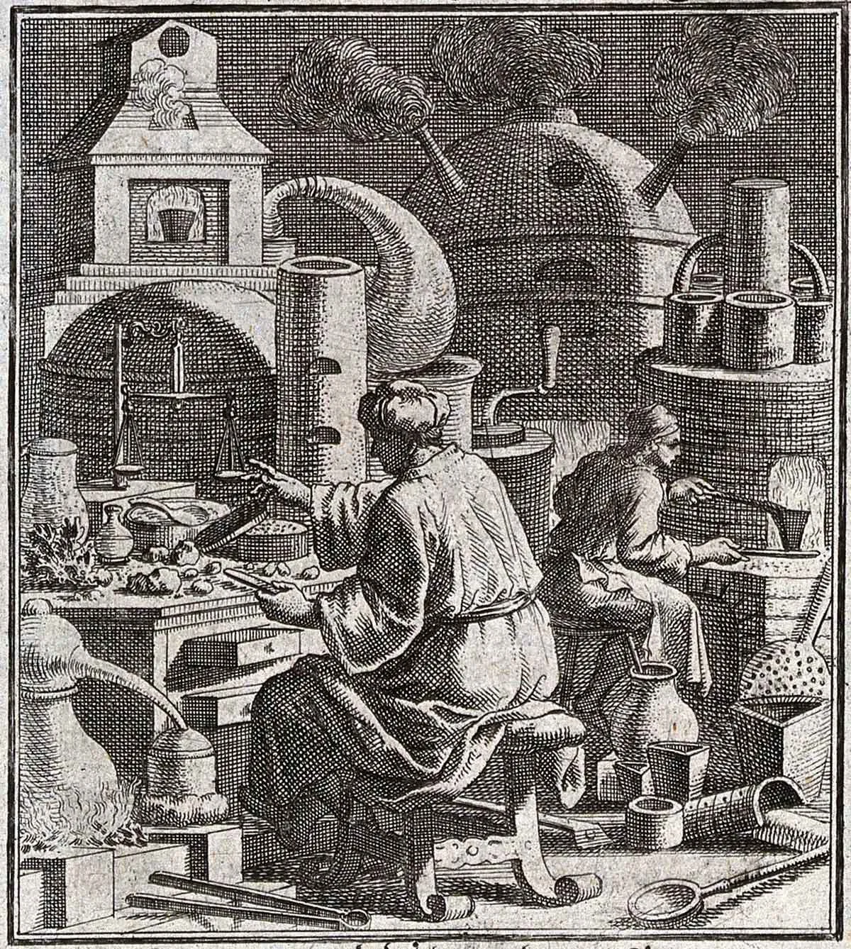 Zwei Alchemisten versuchen Gold herzustellen. Druckgrafik von Christoph Weigel, 1698.