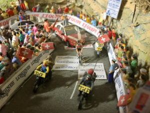 Detail of Beat Breu’s own model depicting his victory at the Alpe d’Huez on 20 July 1982.