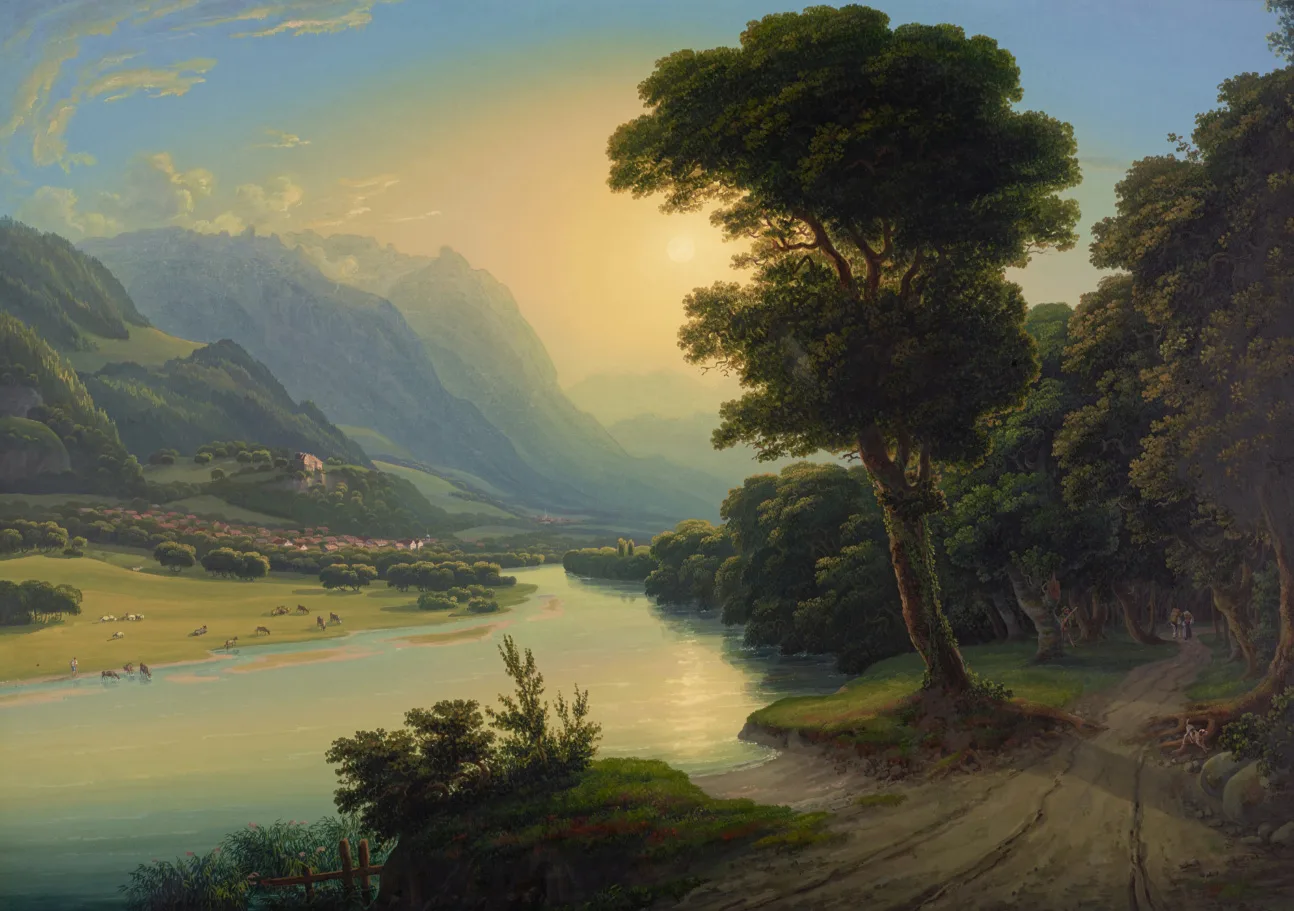 Der Alpenrhein bei Vaduz. Gouache von Johann Jakob Schmidt, 1824.