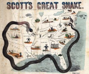 The "Anaconda Plan", shown here in a caricature from 1861, was the Union's plan to establish a blockade on the sea and the Mississippi River around the southern states in order to defeat them.