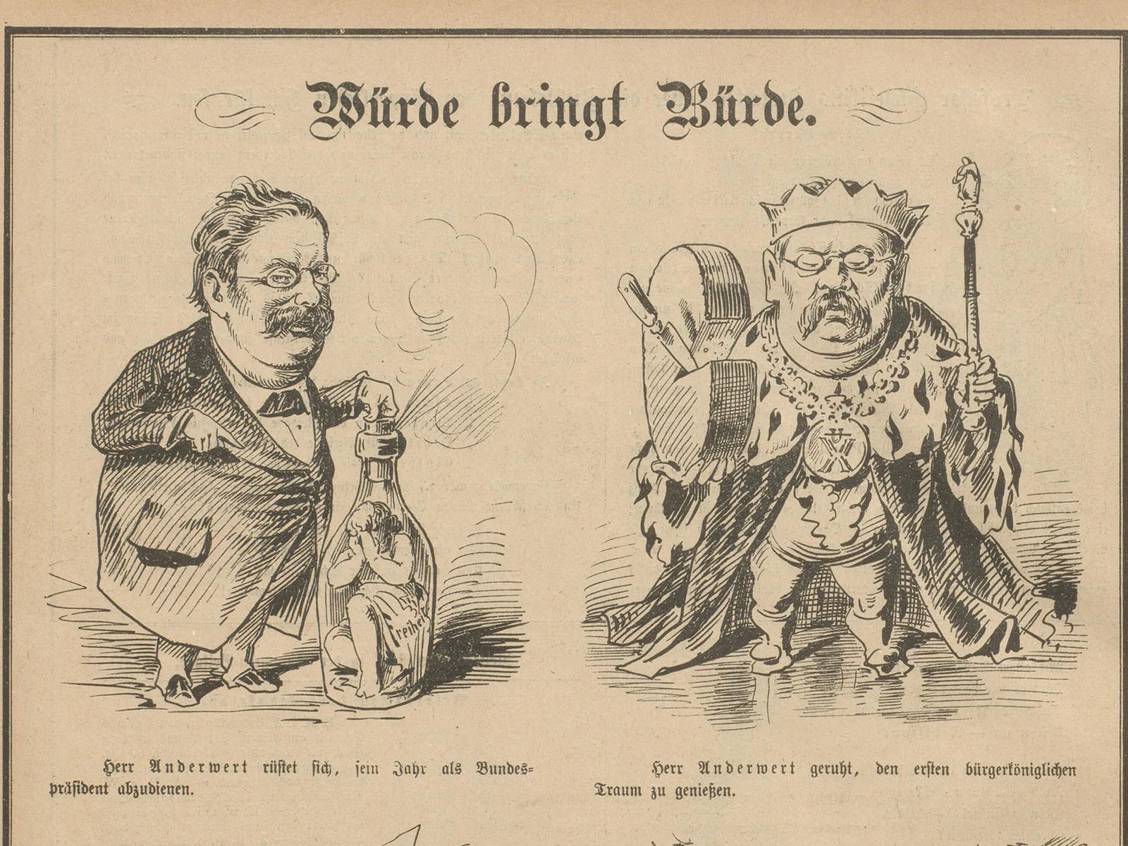 Der Nebelspalter druckte im Dezember 1880 diffamierende Illustrationen von Fridolin Anderwert ab.