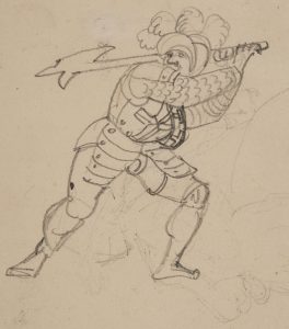 Warrior with a halberd, drawn by Ludwig Georg Vogel, 19th century.