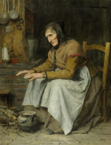 «Hohes Alter II (alte Frau sich aufwärmend)», gemalt vom Berner Maler Albert Anker, um 1885.