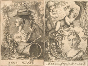 Anna Waser et Maria Sibylla Merian comptent parmi les figures majeures de la peinture baroque. Illustration extraite de l’ouvrage de Johann Caspar Füssli Geschichte der besten Künstler in der Schweitz nebst ihren Bildnissen, 1769-1779.