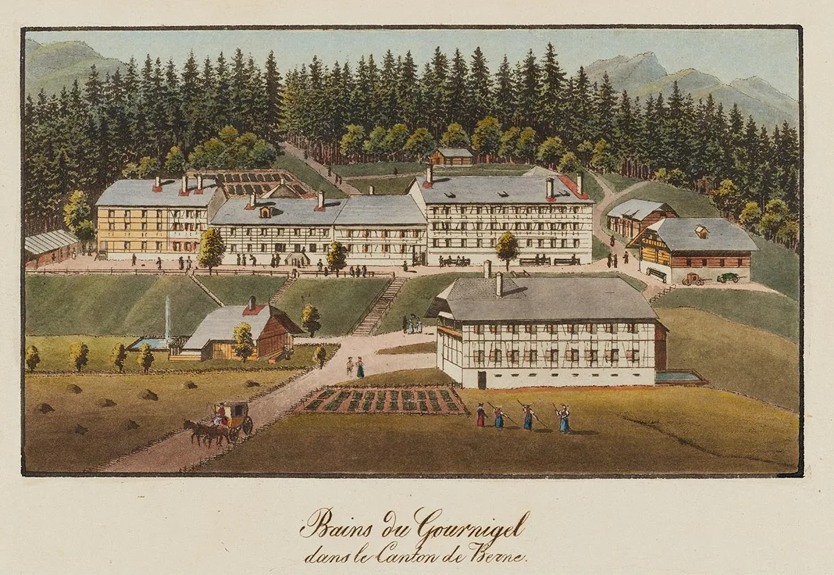 Druckgrafik des Kurhotels Gurnigelbad, um 1825.