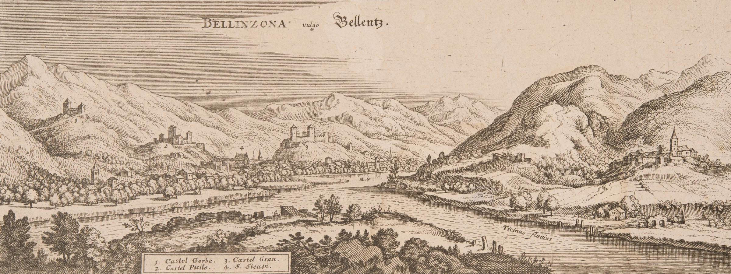 Ansicht der Stadt Bellinzona, im Volksmund «Bellentz» genannt, um 1642.