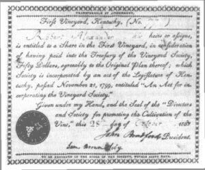 Certificat de participation au premier vignoble «First Vineyard» de John James Dufour et de sa «Kentucky Vineyard Society».