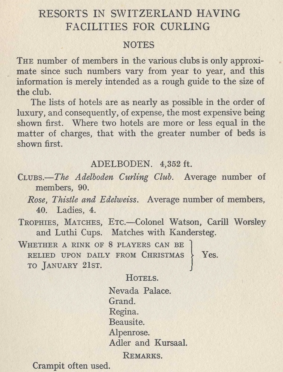 In Arthur Noel Mobbs’ guide ‘Curling in Switzerland’ von 1929 fanden die Touristen genaue Angaben zu allen bestehenden Curlingrinks in der Schweiz.