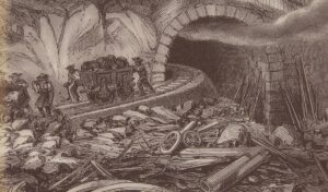 Des ouvriers devant le tunnel du Gothard. Gravure réalisée vers 1875.
