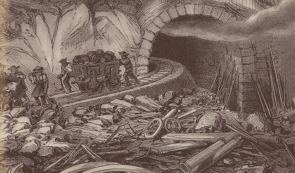 Arbeiter vor dem Gotthardtunnel. Druckgrafik, um 1875.