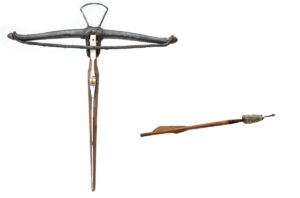 Crossbow with horn bow and iron foot stirrup, made by Ulrich Bock, c. 1460. Beside it is an incendiary bolt from the same period.
