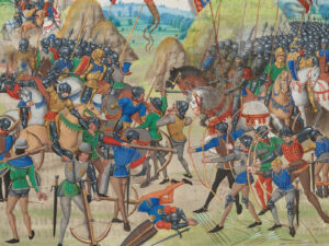 Crossbowmen at the Battle of Crécy (1346), illustration from the “chroniques” of Jean Froissart (1337–1405).
