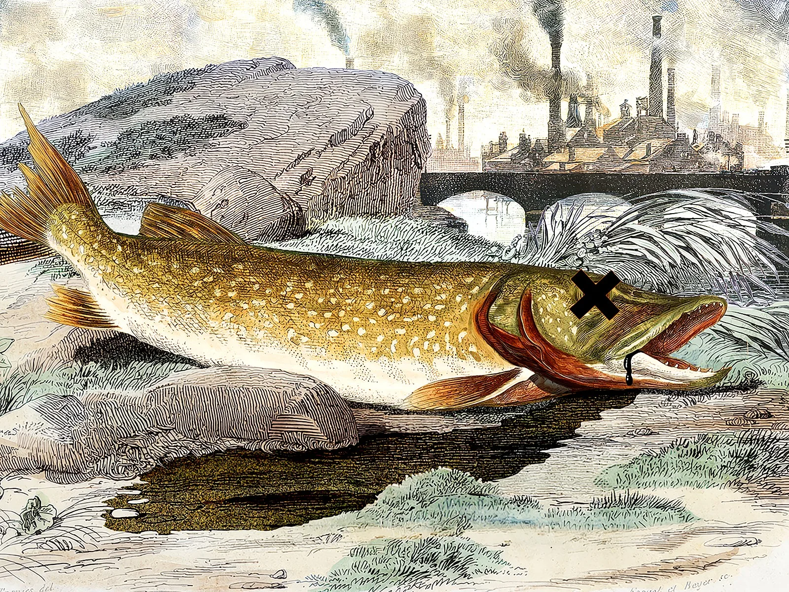 Durch die künstliche Farbenproduktion gelangte Arsenik in die Gewässer. Illustration von Marco Heer.