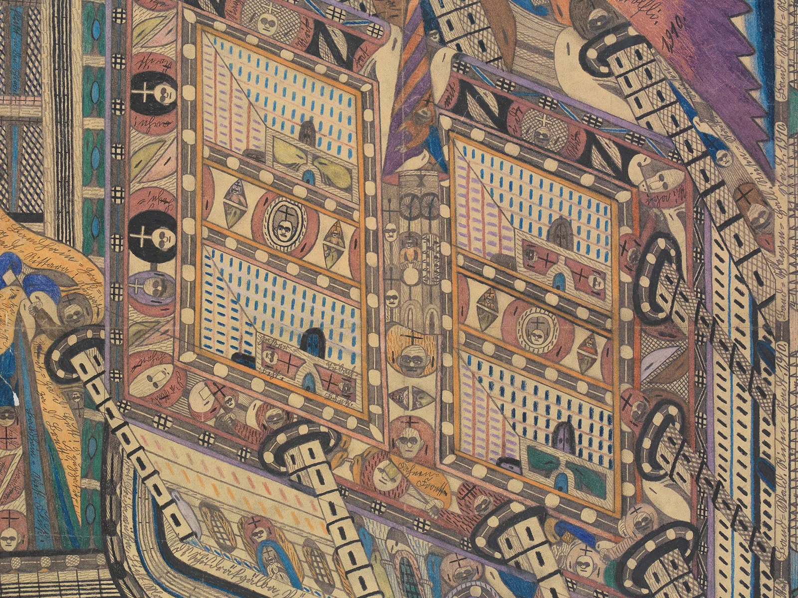 Ausschnitt aus «Irren=Anstalt Band=Hain», 1910, Bleistift und Farbstift auf Zeitungspapier.