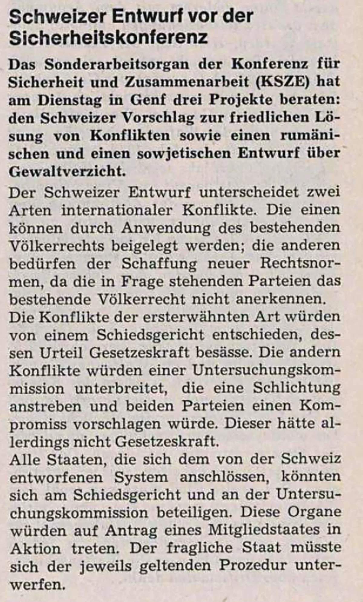 Artikel des Burgdorfer Tagblatts zum Wirken der Schweiz an den KSZE-Verhandlungen in Genf, September 1973.